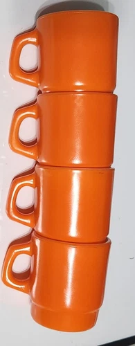 Set Of 4 Anchor Hocking Fire King Oven Proof Orange Stacking Milk Glass Mugs