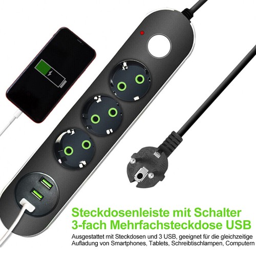 Steckdosenleiste Mehrfachsteckdose mit 3 fach 3 USB-Anschluss Steckdose 2500W - Photo 4/11
