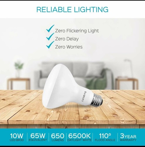 12pck Luxrite BR30 LED Flood Light Bulb 65W Equiv. Dimmable 3000K 650lm E26 Base - Picture 10 of 13