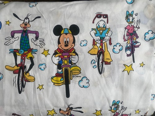 Rare VTG Disney 70s/80s Mickey Minnie Bicycle TWIN Flat Bed Sheet Donald Goofy - Picture 2 of 12