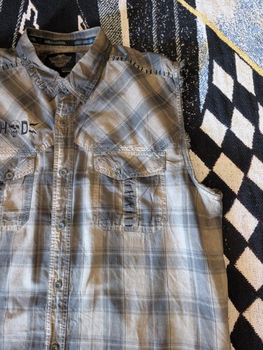 Harley-Davidson Mens 2XL Gray Plaid Blowout Sleeveless Shirt Winged Logo On Back - Picture 3 of 16
