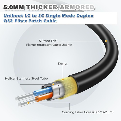OD-5.0mm Outdoor 250ft (75m) Armored OS2 LC to SC Single Mode Fiber Cable - Picture 2 of 11