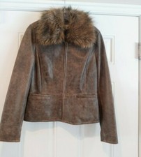 Womens Halogen Brown Leather Jacket With Removable Faux Fur Collar -size M