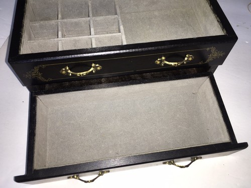 Vintage Black & Gold trim Jewelry Box compartments Drawer Mirror - Picture 7 of 14