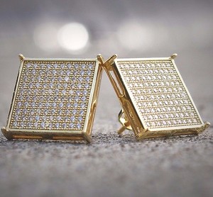 Mens 14k White Gold Finish Real Silver Square Lab Diamond Earrings Image Is Loading Mens 14k White Gold Finish Real Silver Square