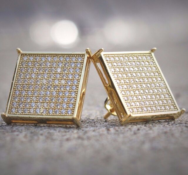 Mens 14k White Gold Finish Real Silver Square Lab Diamond Earrings Mens 14k White Gold Finish Real Silver Square Lab Diamond Earrings Studs