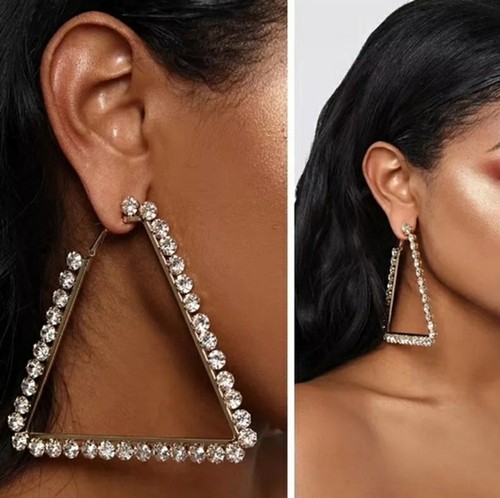 Gold Rhinestone Crystal Triangle Hoop Earrings - Picture 8 of 8