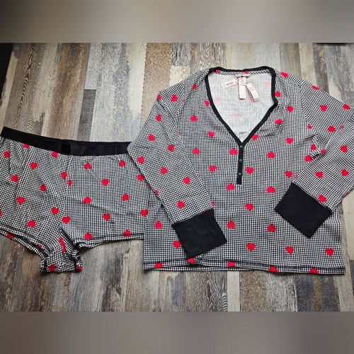 Victoria's Secret NEW Women's XXL Pajamas Set PJs Black White & Red Hearts - Picture 3 of 8