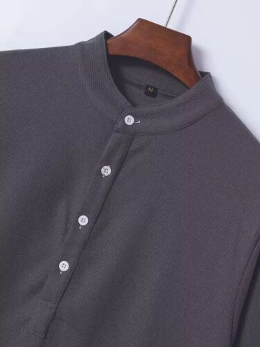Men Solid Color Stand Collar Long Sleeve Henley Shirt Soft Breathable Comfy Tops - Picture 4 of 5