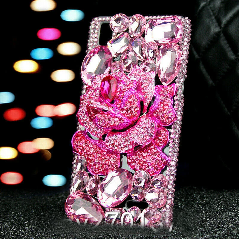 Funda trasera transparente para teléfono con gemas de diamantes de imitación brillantes brillantes con brillo rosa Foto 2 de 4