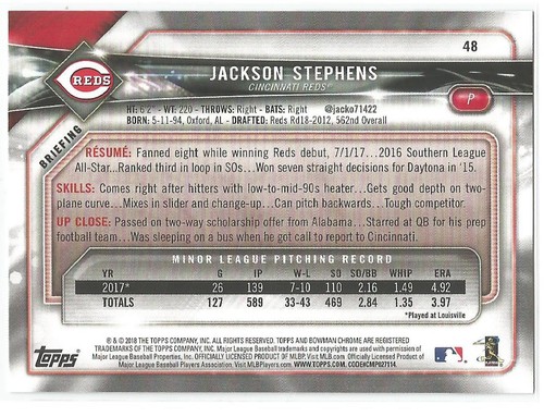 Jackson Stephens Cincinnati Reds 2018 Bowman Rookie Card - Picture 3 of 3