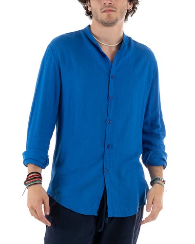 Camisa Hombre Cuello Coreano Slim Fit Lino Color Liso Manga Larga Varios Colores - Imagen 69 de 117