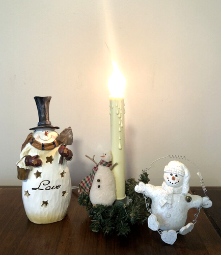 LOTE de figuras de muñeco de nieve iluminadas con velas de goteo eléctricas decoración de muñeco de nieve de Navidad vintage - Imagen 1 de 7