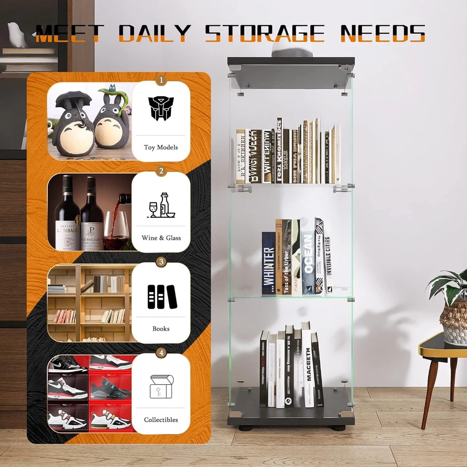 Vitrina de Cristal Negro con 3 Estantes y Cerradura para Salón, Dormitorio,... Foto 4 de 4