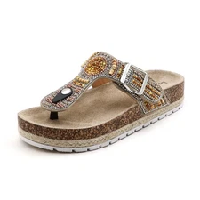 Women's Beaded Sandals Cork Footbed Thong Slides Casual Summer Comfort