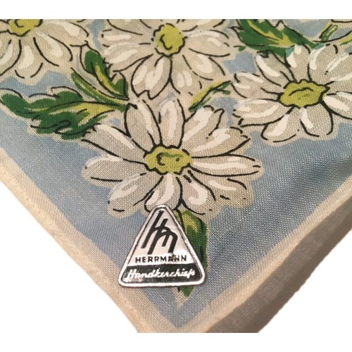 Blue with White Daisies Floral Herrmann Handkerchief Hanky Printed 12.5" x 12"