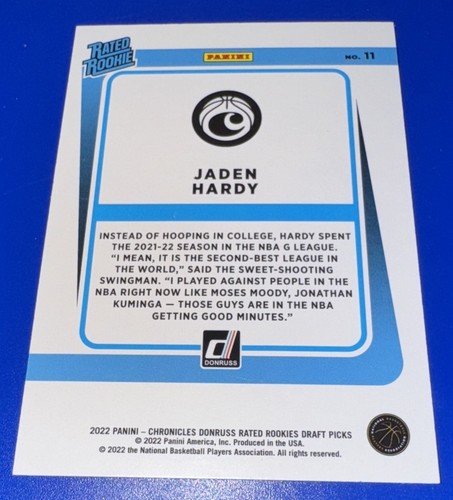 RC Jaden Hardy Rated Rookie 2022 Chronicles Draft Picks Donruss #11 Maverick 🏀 - Foto 2 di 2