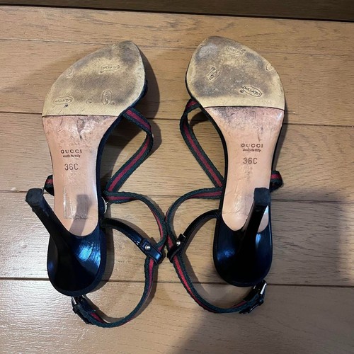 Sandalias con correa GUCCI 36C cuero negro lona punta tacón alto 10 cm para mujer - Imagen 7 de 7