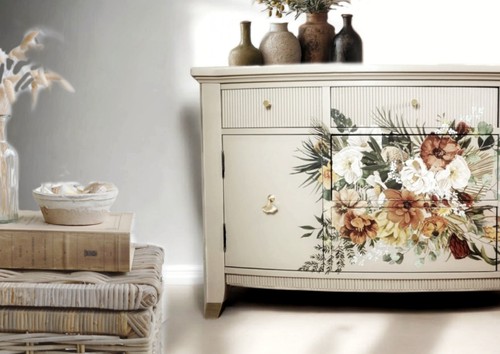 Upcycled Vintage Sideboard In Beige/taupe With A Floral Transfer - Picture 1 of 17