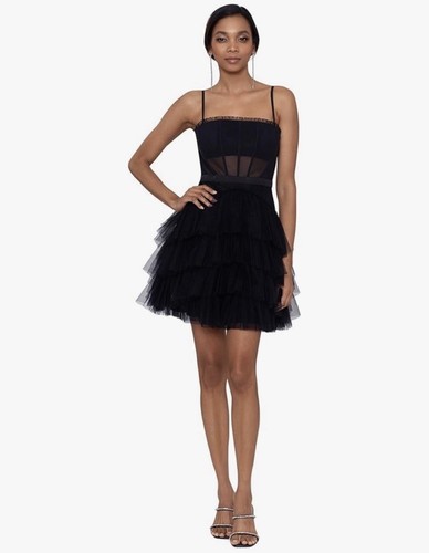 Betsy & Adam Size 2 Black Sheer Mesh Corset Tiered Ruffle Tulle Dress - Picture 1 of 9