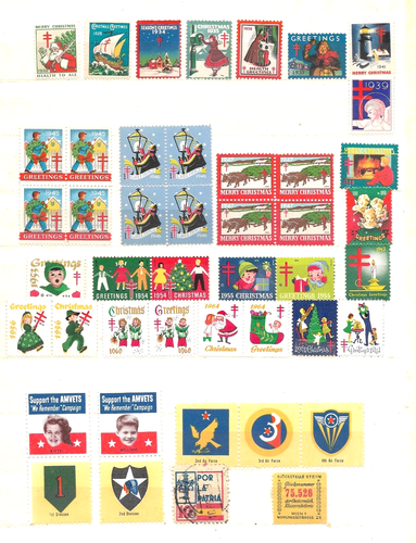 USA 27 verschiedene Weihnachtssiegel von 1925-1964 + 6 andere Siegel + ein Lotto Stub