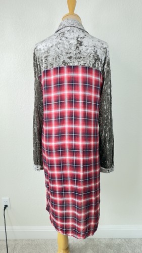 Anthropologie April Sky Grey Crush Velvet Plaid Floral Enbroidered Shirt Dress M - Picture 4 of 6