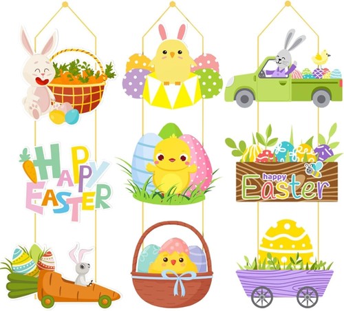 9 Pcs Easter Decoration Egg Bunny Porch Sign Indoor/Outdoor Colorful A
