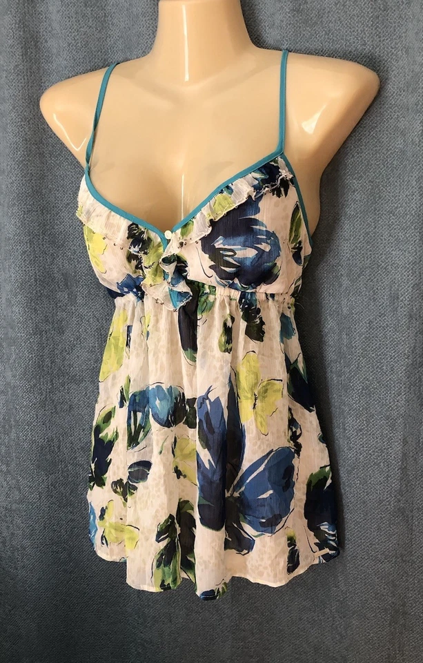 Gilly Hicks Sydney Babydoll Tank Top Size Small Sheer Floral Racer Back Ruffles - Image 2 of 4