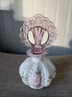 Fenton Milk Glass Painted Flowers Beaded Melon Perfume Bottle Signed Pink Crest