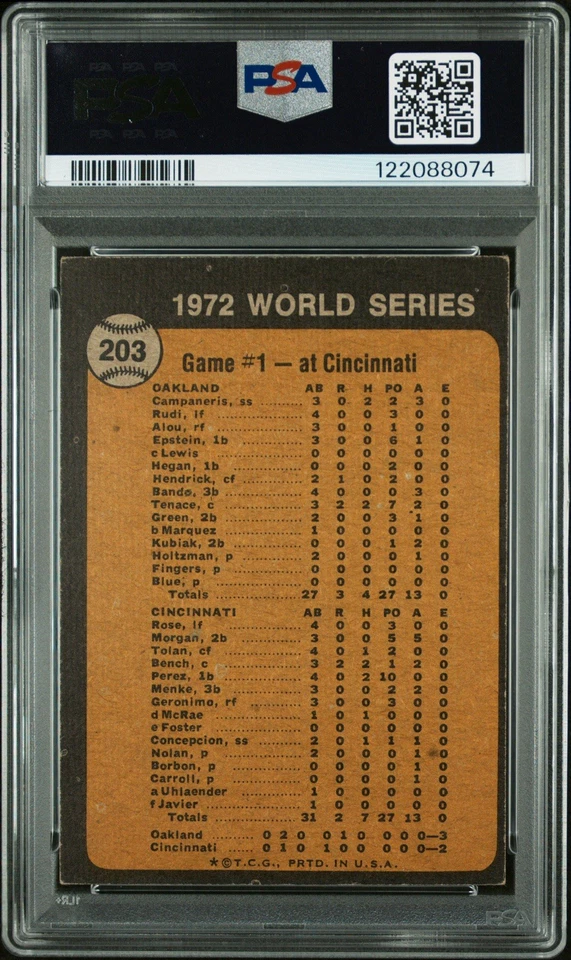 Johnny Bench & Gene Tenace SIGNED 1973 Topps #203 World series Auto PSA Card - Image 3 of 3