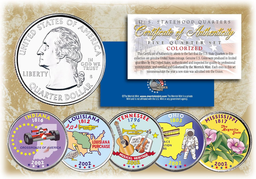 2002 US Statehood Quarters COLORIZED Legal Tender 5-Coin Complete Set W/Capsules - Picture 8 of 12