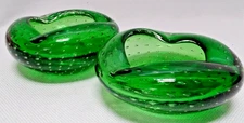 PAIR of MCM Murano Green Bullicante Controlled Bubble Bowl Candy Dish Ashtray