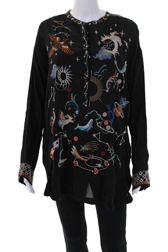 Johnny Was Damen Bedruckt Bestickt Henley Ausschnitt Selina Tunika Top Schwarz Größe L