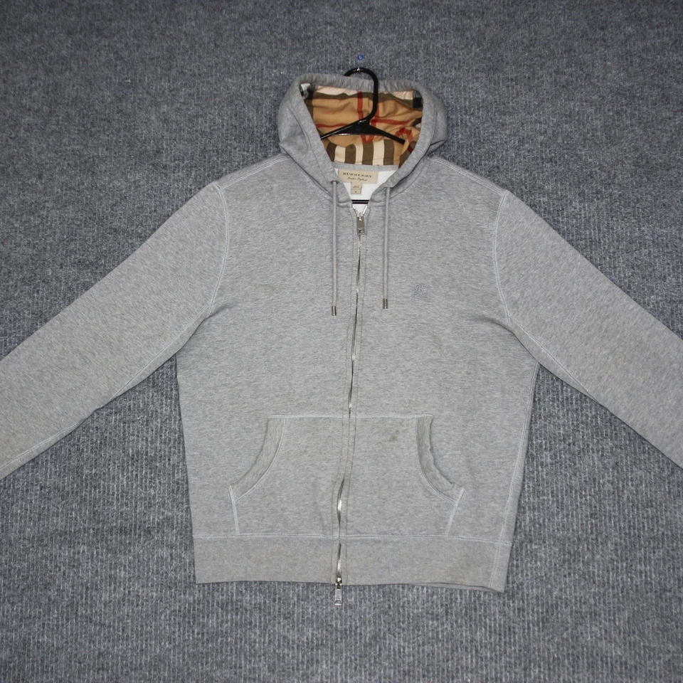 Burberry London England Zip Up Hoodie Grey Plaid Lined Mens Size M - Image 2 of 4