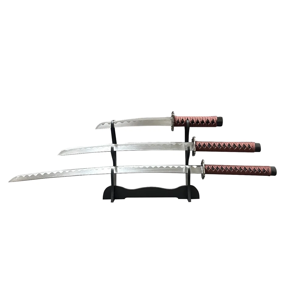 3pcs Japanese Samurai Katana Sword Set w/ Stand – Brown Silk Scabbard / 1060 Ste - Image 3 of 4