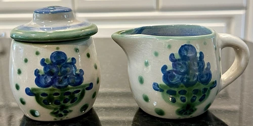 M.A. Hadley Blueberry Bouquet Stoneware Sugar & Creamer Set Signed Art Pottery