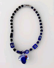 OOAK Glass Peacock Pendant Necklace 10 Inch Glass and Wood Beads