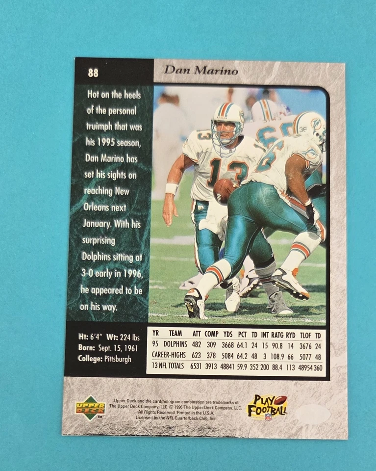 1996 SP #88 Dan Marino Miami Dolphins FOOTBALL Card 3G - Image 2 of 2