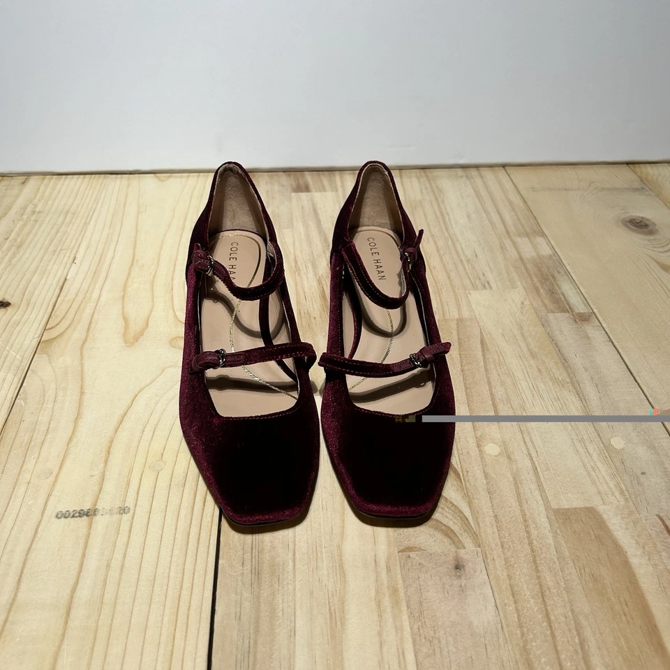 Zapatos Cole Haan Paxton Mary Jane Tacón Bloque Gamuza en Vino talla 8B Doble Hebilla Foto 3 de 4