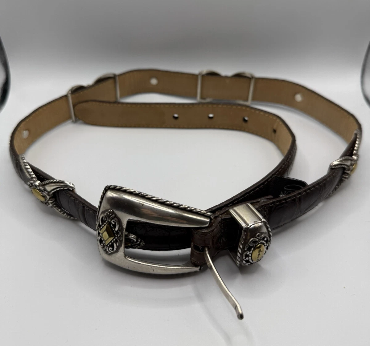 Brighton Cher Gold Crocodile Embossed Silver Buckle Stretch Belt 34 Boho Western Brighton Gold Belts for Women for sale | eBay main image 4