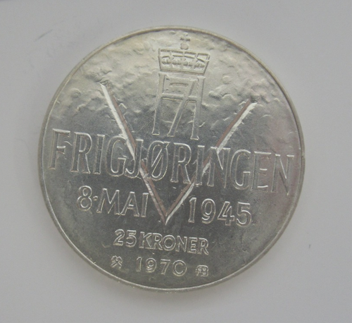 NORWEGEN 1970 Silber 25 Kronen - 25th Anniversary of WWII Liberation (KM #414) UNC