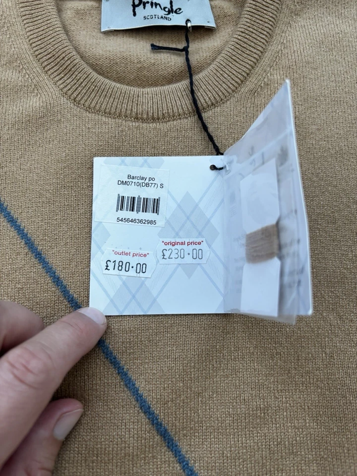 Pringle Scotland 100% Cashmere Jumper Men’s Size S Camel Beige Argyle Knit Golf - Image 4 of 4