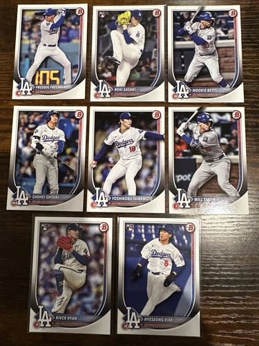 2025 Bowman Los Angeles Dodgers Base Team Set 8 Cards Roku Sasaki Rookie RC - Foto 2 di 9