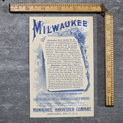 Milwaukee Harvester Company antiker Landmaschinenmäher viktorianische Sammelkarte - Bild 2 von 2