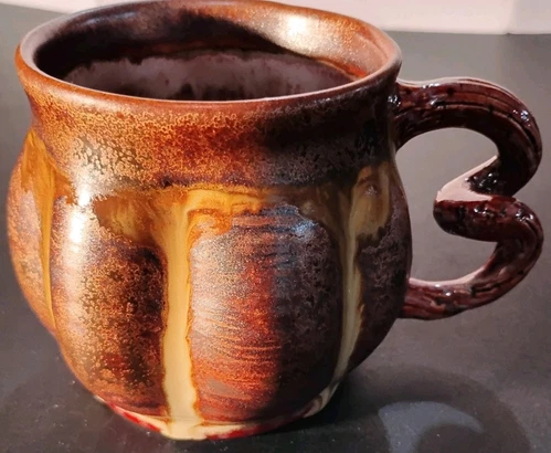 Studio Pottery Mug Very Unique & Well Made. Browns, Reds, Drip Glaze