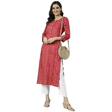 GoSriKi Women's Cotton Blend Printed Straight Kurta (Bandhani AMD-GO)