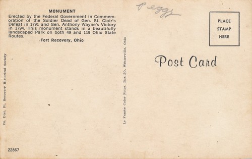Wayne's Victory Monument at Fort Recovery, Ohio postal vintage sin publicar - Imagen 2 de 2
