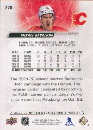 2022-23 Upper Deck #278 Mikael Backlund Calgary Flames - Picture 2 of 2