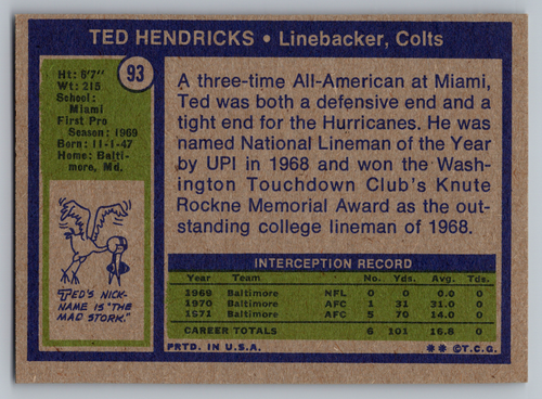 1972 TOPPS #93 TED HENDRICKS COLTS ROOKIE - Picture 2 of 3