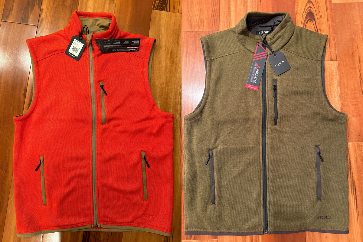 FILSON MEN'S RIDGEWAY FLEECE VEST ZIP UP LIGHTWEIGHT RED, OLIVE